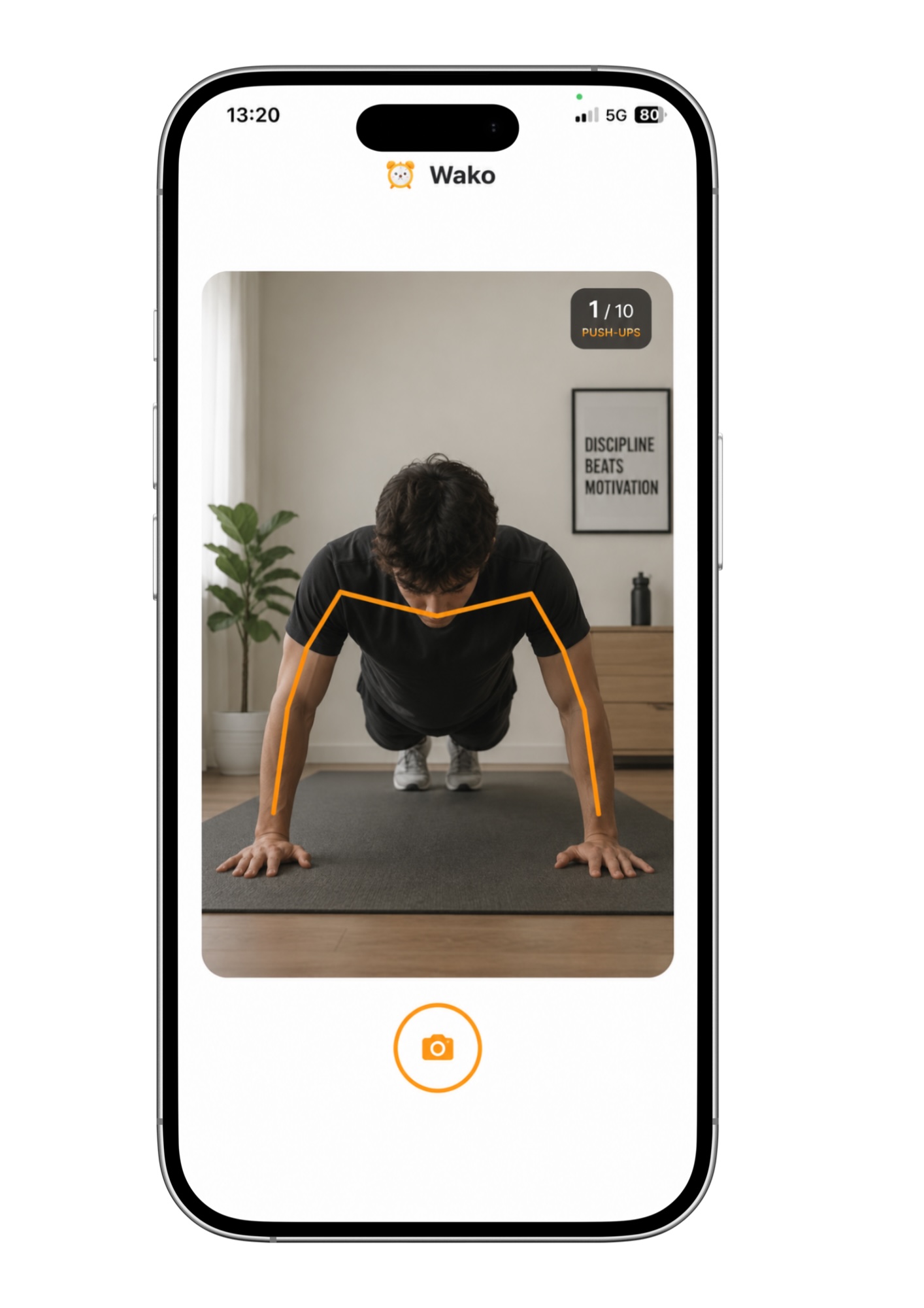 Wako app push-up mission screen with on-device pose detection counting repetitions