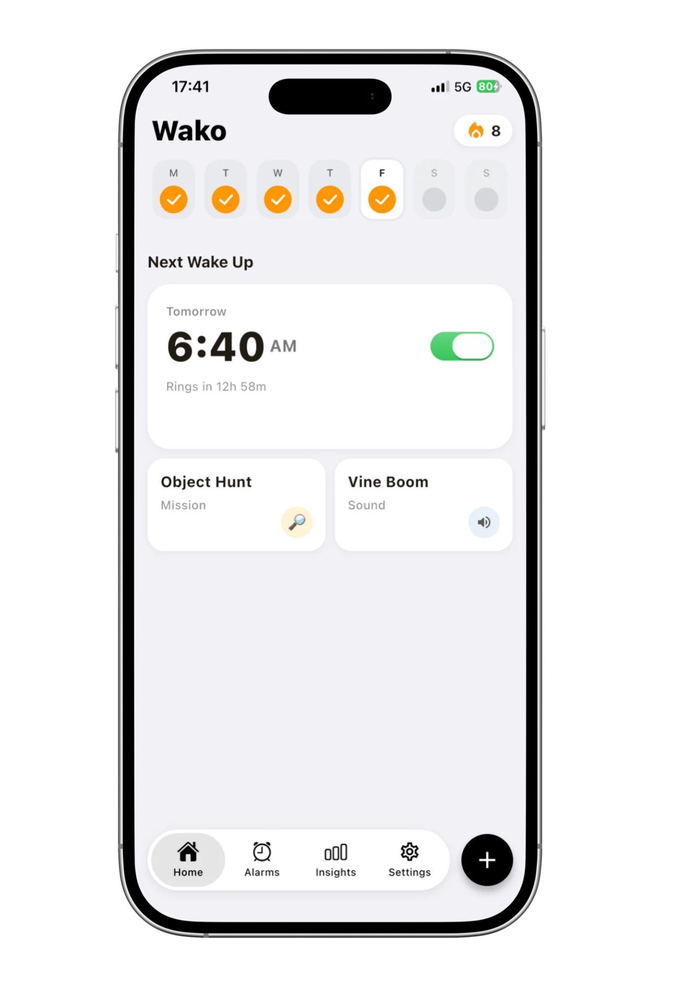 Wako app screen for setting an alarm at 6:30 AM and choosing a wake-up mission